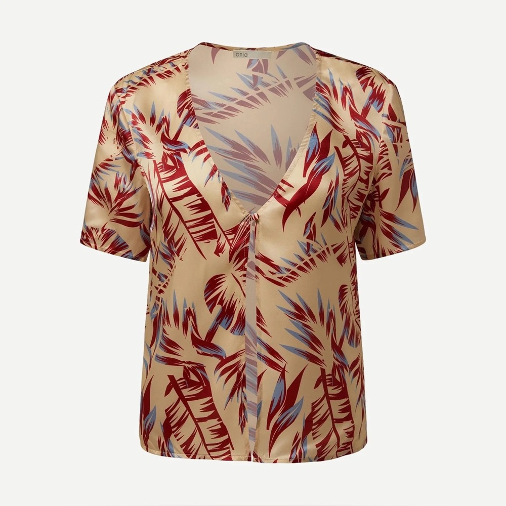 Onia 100% SILK Red and Cream Leaf Print Blouse